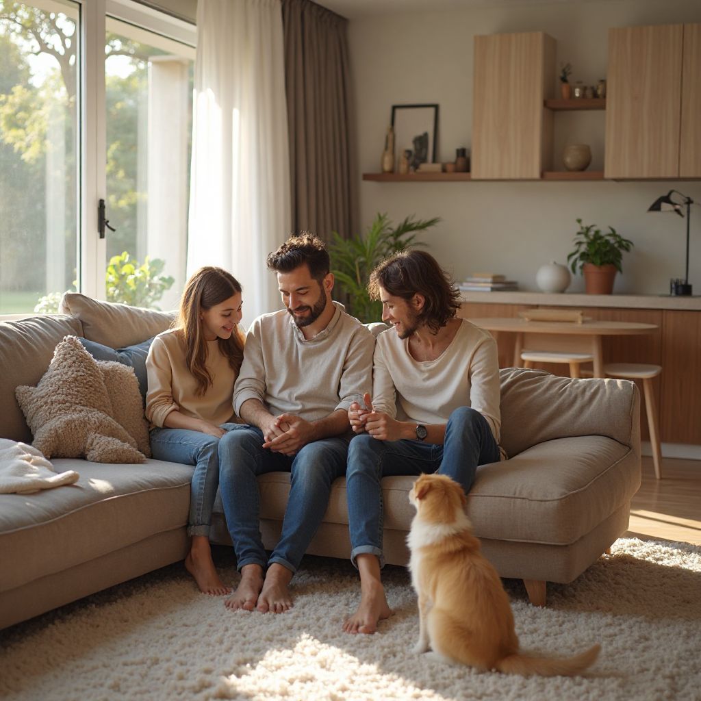 Familia feliz con mascotas en casa